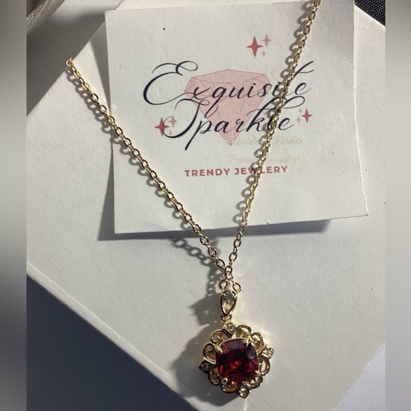 10k Gold Plated Cushion Cut Prong Set Simulated Red Ruby(Cz)Pendant Necklace - Picture 10 of 16